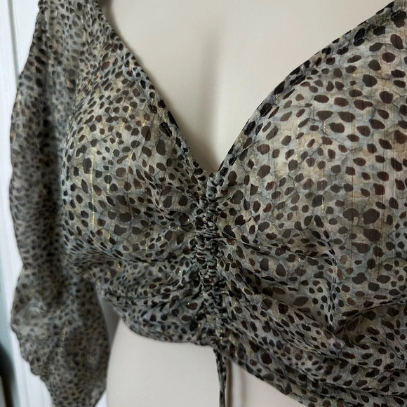 Zara Blouse Size Large Sheer Leopard Print Cropped V-Neck Ruched Side Zip #1356 - Picture 7 of 10
